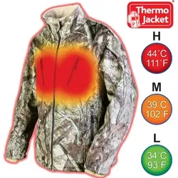 THERMO JACKET CAMOUFLAGE beheizbare Outdoorjacke XL - Beheizbare Softshelljacke in Größe XL für optimalen Tragekomfort. Wind- und wasserabweisend, mit 3 Heizstufen für individuelle Wärme und Bewegungsfreiheit beim Outdoor-Sport.