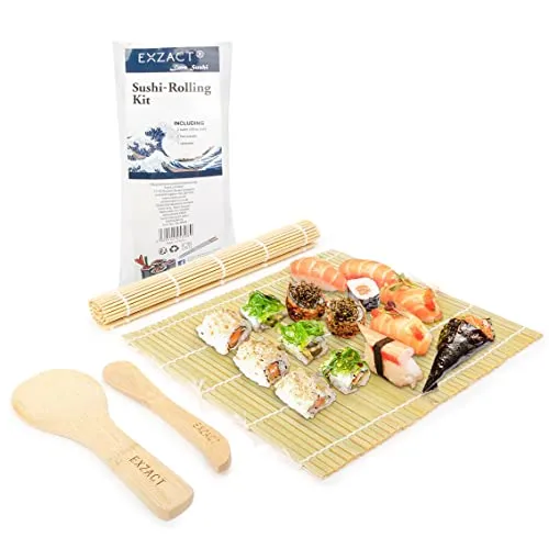 Exzact Bambus Sushi Roll-Kit 4 Teilig - 2 x Matten, 1 x Reis Paddel, 1 x Reis Spreizer, komplett natürlich