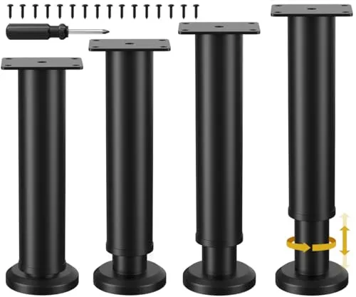 TELANKS 4er Set Verbesserte Höhenverstellbare Möbelfüße, Verstellbar Möbelfüße 25-43cm, Metall Schwarz Möbelbeine, Möbelersatzbeine für Sofa/Schrank/Couch/Kommode/Tisch/Bett
