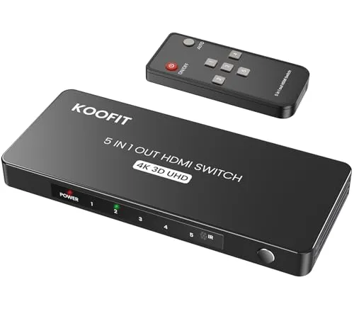 HDMI Switch 4K, HDMI Splitter 5 In 1 Out mit IR-Fernbedienung, Umschalter 5 Port Selector Box Unterstützt HDCP 2.2 HDR10 3D 18Gbps 4K 3D HDR für TV Stick HDTV Xbox
