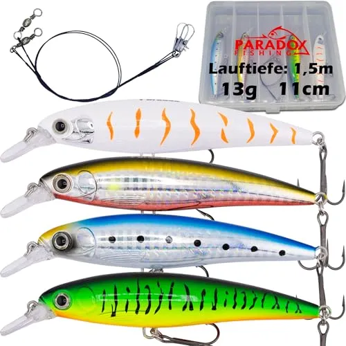 Paradox Fishing Premium Zander Wobbler Set I 4 Stück 13g 11cm mit Box I Hecht-Köder Zander-Köder Barsch