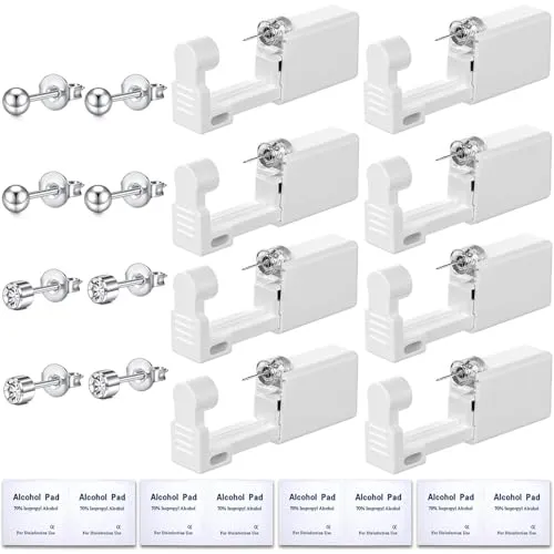 JOOTUEPO Schmerzfreies Sicherheits-Ohrpiercing-Kit, 8 Stück Einweg-Ohrlochstechpistole mit Nieten und aseptischen Ohrringen für Frauen und Männer