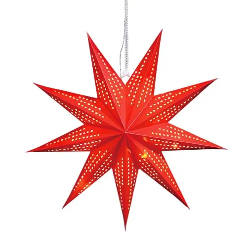 Weihnachtsstern aus Papier zum Aufhängen | ca. Ø 45 cm | inkl. 10er LED Lichterkette | batteriebetrieben | Faltbarer Papierstern | idealer Leuchtstern als Fensterdeko (rot)