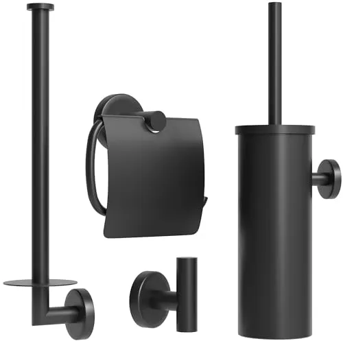 Avalo Toilettenzubehör Set Schwarz 4-teilig - Luxus-Toilettengarnitur - Toilettenbürste mit Halter/Toilettenpapierhalter/Ersatzpapierhalter/Handtuchhaken - inkl. Befestigungsmaterial
