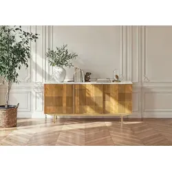 Sideboard Mango 180x40x80 hellbraun geölt / Marmor weiß MIAMI #100