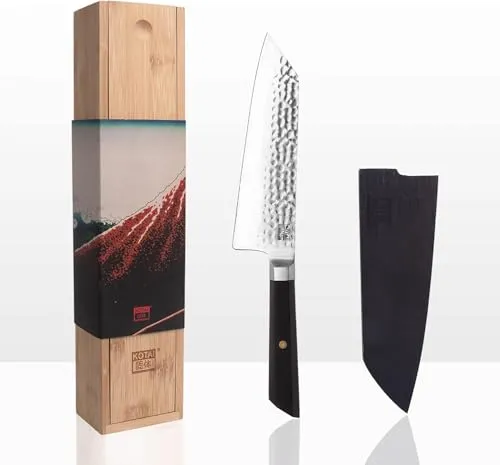 KOTAI Santoku Bunka Kochmesser mit Saya und Bambusbox | 17-cm-Klinge | Küchenmesser | von Hand gehämmert und geschärft | Japanischer ultrascharfer 440C-Edelstahl