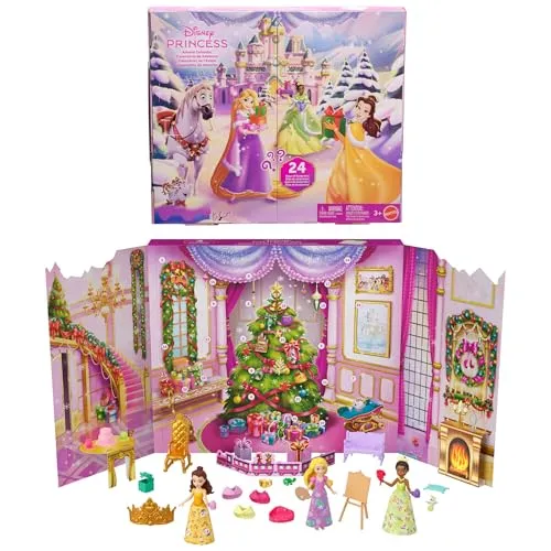 Mattel Disney Princess Adventskalender - Kinderbuch-Kalender mit 24 Überraschungen, 3 kleinen Disney Princess-Puppen und niedlichen Tierfreunden für ein magisches Weihnachtsabenteuer.