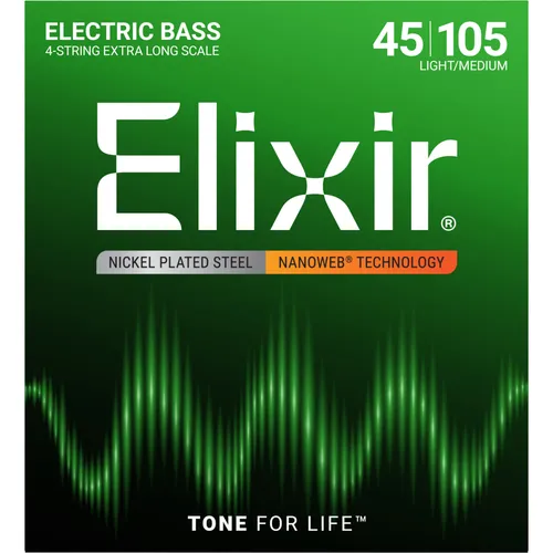 Elixir® Saiten Nickel-Wound E-Bass-Saiten, Extra Long Scale - Gitarren- & Bass-Zubehör mit NANOWEB® Beschichtung für langlebigen, vollen Klang und verbesserten Grip. Ideal für Bassisten, die Wert auf ein natürliches Spielgefühl legen.