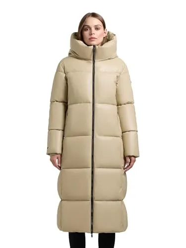khujo Damen langer Wintermantel warmer wasserabweisender Steppmantel in Lederoptik mit 2-Wege-Reißverschluss und Kapuze Destiny Beige Gr. M
