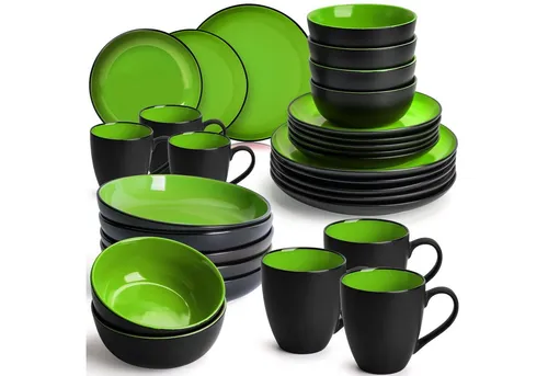 MiaMio Tafelservice 30tlg Geschirrset für 6 Personen - Modernes Keramikdesign in Grün - Tafelservice für 6 Personen, 30-teiliges Kombiservice aus hochwertiger Keramik, kühlschranksicher, mikrowellenfest und spülmaschinenfest – ideal für stilvolle Tischgedecke.