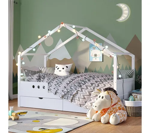 Bellabino Hausbett Bela 90x200 cm aus Massivholz Kiefer (weiß mit 1 Schublade, optional mit Matratze), Kinderbett mit verstellbarem Rausfallschutz