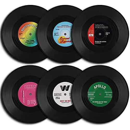 ANCLLO Set mit 6 Untersetzern, 10,4 cm, Retro-Vinyl-Schallplattenmatten, Platzsets für kalte heiße Getränke, Rutschfester Tischschutz, verhindert Verrutschen, für Bars, Cafés, Haus, Party, Büro