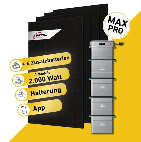 Watt Bifazial Komplettset für Balkonkraftwerk mit Zendure SolarFlow 800 Pro 2 - Vollständiges Balkonkraftwerk-Set zur flexiblen Solarstromnutzung. Mit leistungsstarken Sunpro Solarmodulen und hochwertigem Zendure Speicher für einfache Installation und effizienten Betrieb.