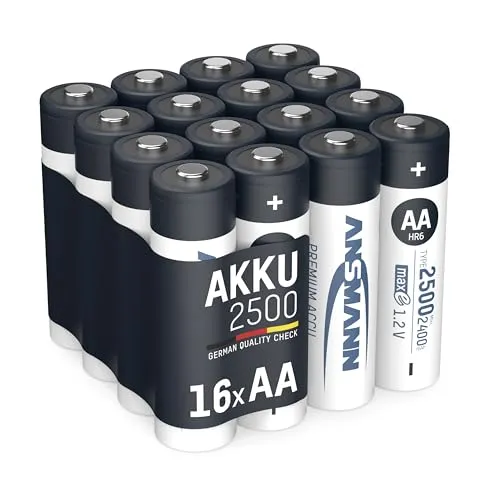 ANSMANN Akku Mignon AA 2500 mAh, 16 Stück - Hochleistungs Ni-MH - Hochleistungs-Akkus mit geringer Selbstentladung, ideal für Geräte mit hohem Stromverbrauch. Bis zu 1000 Mal wiederaufladbar, schnellladefähig und umweltfreundlich.