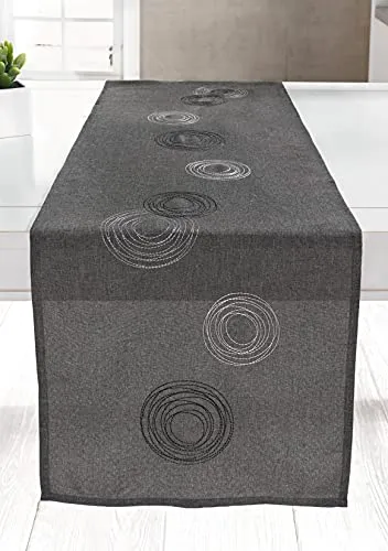 edler Tischläufer Kringel 40x150 cm, grau, Bestickt mit Kreismotiven, Tischband, Mitteldecke