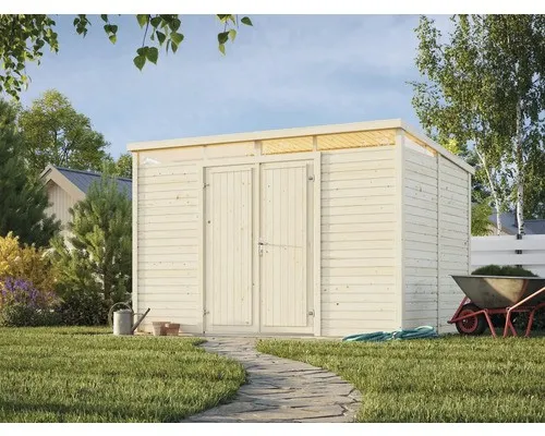 Gartenhaus Palmako Elias 7,3 m² mit Fußboden - Kompaktes Gartenhaus mit Pultdach, ideal für die Aufbewahrung von Gartenutensilien. Robuste Bauweise in natürlichem Holz für Langlebigkeit und Stil.