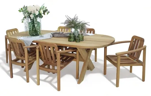 Stilvoller Esstisch mit 6 Stühlen – 7-teiliges Holz Gartenmöbel Set - Elegantes Tisch- und Stuhlset aus robustem Holz, ideal für gesellige Runden. Der rechteckige Esstisch bietet Platz für bis zu 6 Personen und überzeugt durch modernes Design und hochwertige Verarbeitung.