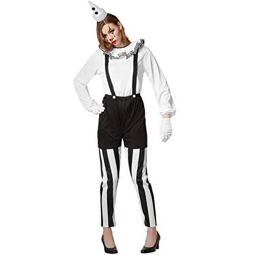 dressforfun 901034 Frauenkostüm Clown, Damen Pantomime Kostüm, sechsteilige Harlekin Verkleidung, Pierrot Kostüm für Karneval Fasching Halloween, schwarz weiß