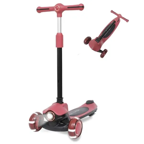 Habib Gruppe Kinderroller Tretroller 3-Rad - LED Frontlicht, Rücklicht & Leuchtendes Deck Scooter, Faltbar, Höhenverstellbar, rutschfest & Pannensicher (3-10 Jahre) (Rot)