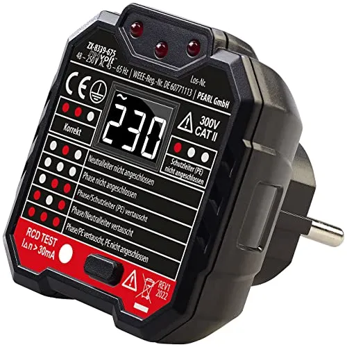 revolt Fi Tester: Steckdosentester mit LCD-Display, RCD-Test, LED-Anzeige, 48-250 Volt (Prüfstecker, Digitaler Steckdosentester, Steckdosen Prüfen)