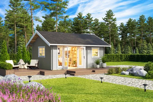 Gartenhaus Blockhaus 40 mm Caroline 2.1 - Grau - Hochwertiges Gartenhaus mit 21,66 m² Nutzfläche und abschließbaren Türen. Ideal für Gartenliebhaber, bietet viel Stauraum und eine gemütliche Schlafmöglichkeit.