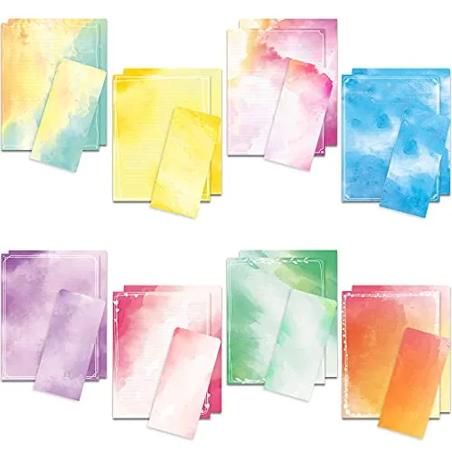 Anzon Mories Aquarell-Briefpapier-Umschläge-Set (2 Seiten farbig, 1 Seite liniert), 48 Blatt, 24 Umschläge, Briefpapier 21,6 x 27,9 cm, dekoratives Papier, 8 Designs sortiert