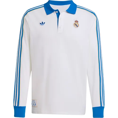 Adidas Real Madrid Terrace Icons Longsleeve Poloshirt – Weiß - Stylisches Longsleeve Poloshirt für Fans, inspiriert vom Retro-Charme der 80er. Hergestellt aus 70% Baumwolle und 30% recyceltem Polyester für angenehmen Tragekomfort und Bewegungsfreiheit.
