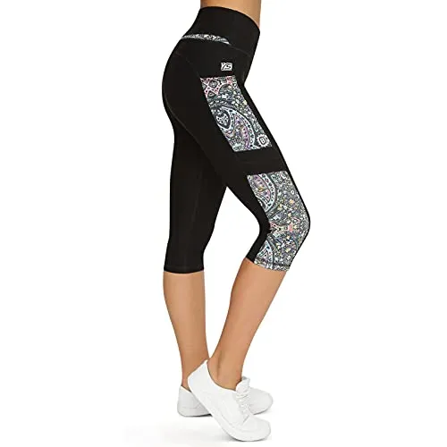 VS Capri Yoga Leggings mit Handytasche - 3 Seitentaschen 3/4 Leggins für Handy, Schlüssel, Kreditkarte und Co. Fitness Sport Tights Schwarz Muster Yoga Hose Sporthose Jogging High Waist.spiritone -S