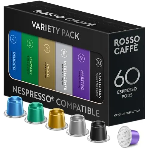 ROSSO CAFFÈ Nespresso Kapseln 60 Stück Aluminium, 6 Premium Espresso Sorten Mixpaket, Nespresso kompatible Kaffeekapseln, kompatibel mit Original Kapselmaschinen