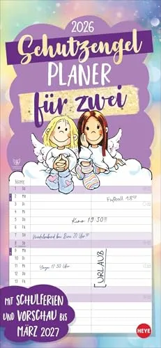 Schutzengel Planer für zwei 2026: Wandplaner für 2. Partnerkalender mit 2 Spalten. Terminkalender mit niedlichen Cartoon-Engeln. Wandkalender für 2 Personen. (Familienplaner Heye)