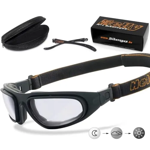 HELLY® - No.1 Bikereyes® | Motorradbrille, Multifunktionsbrille, Bikerbrille | beschlagfrei, winddicht | HLT® Sicherheitsglas, DIN EN 166 | Bügel, Band wechselbar | eagle (selbsttönend)
