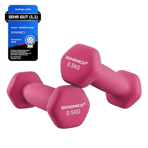 Produktbild SONGMICS Hanteln 2er Set, 2 x 0,5 kg, Kurzhanteln mit matter Beschichtung aus Neopren, rutschfest, Fitness, Krafttraining, für Zuhause, Fitnessstudio, pink SYL61PK