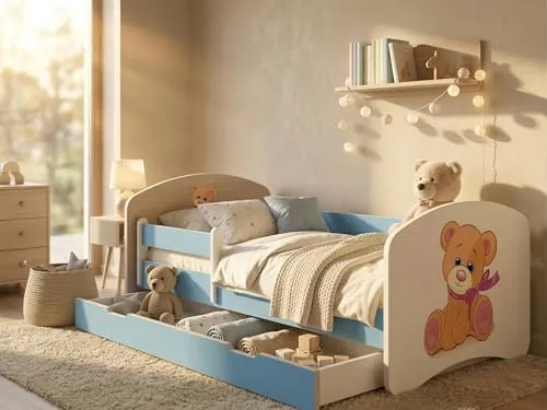 Juniorbett 144x82 cm Happy inkl. Bettkasten | Kinderbett mit Rausfallschutz in Blau