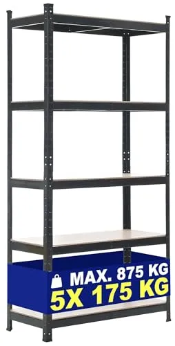 CLP Lagerregal Schwarz, 90x180 cm - Robust und Flexibel - Werkstatteinrichtung, Lagerregal mit bis zu 175 kg Tragkraft pro Ebene, flexibler Aufbau dank Stecksystem, ideal für Keller, Garage oder Werkstatt.