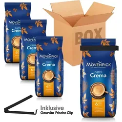 SPARBOX Mövenpick Caffè Crema 4x1000g + gratis Gourvita Frische-Clip - Premium Kaffee aus 100% Arabica-Bohnen, intensives Aroma mit samtweicher Crema, ideal für verschiedene Zubereitungen und inklusive Frische-Clip für langanhaltenden Genuss.