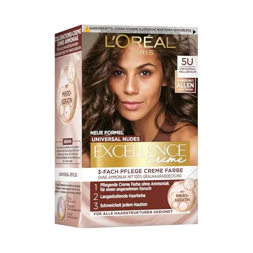 L'Oréal Paris Permanente Haarfarbe für jeden Hautton, Coloration ohne Ammoniak, Universale Nude-Töne mit vollständiger Grauhaarabdeckung, Excellence Creme, Nr. 5U Universal Hellbraun (Braun), 1 Stück