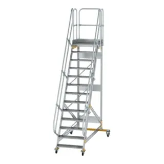 Fahrbare Aluminium-Plattformtreppe 60° mit 13 Sprossen - Werkstattausrüstung-Zubehör, robust aus Aluminium, Tragfähigkeit bis 150 kg, ideal für sicheres Arbeiten in Höhenlagen.