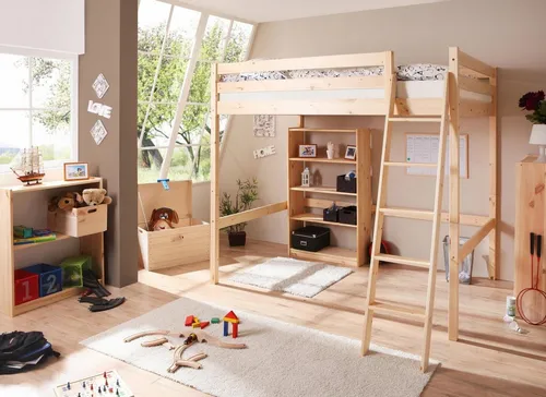 Hochbett aus massivem Kiefernholz mit Rollrost - 2 Breiten verfügbar - Hochbetten aus Kiefer, robust und stabil, ideal für platzsparende Lösungen im Kinderzimmer.