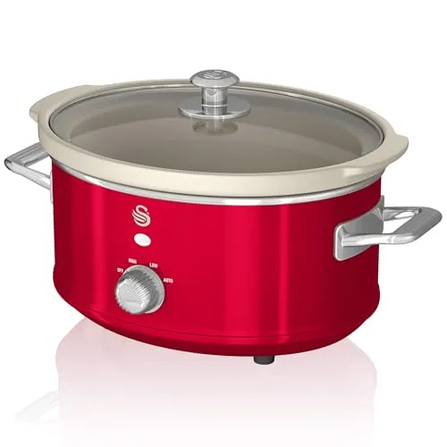 Swan Retro SF17021RNEU Schongarer - Schongarer mit 3,5 l Kapazität, Antihaft-Keramik, 3 Temperaturstufen und Vintage-Design – ideal für köstliche Familiengerichte und elegante Küchendekoration.