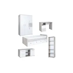 Jugendzimmer 5er-Set Bennet, mehrfarbig - Mega-Set mit Stauraumbett - Jugendzimmer-Sets mit 5-teiligem Set aus Eiche-Sand-Nachbildung und Weiß, inklusive praktischem Stauraumbett für optimalen Platz. Ideal für moderne Jugendzimmer!