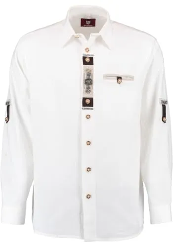 OS Trachten Herren Hemd Langarm Trachtenhemd mit Liegekragen Glexor, Größe:47/48, Farbe:weiß