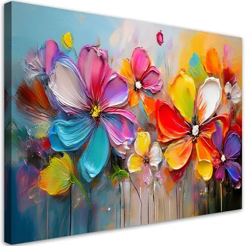 Feeby Leinwandbilder - Deko Bilder - Bunte Blumen Abstrakt - Canvas 60x40 cm 1tlg- Wandbilder Schlafzimmer - Aesthetic Room Decor - Modern Wanddeko - Bild auf Leinwand - Fertig Gespannd