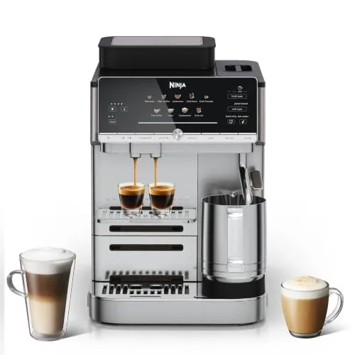 Ninja AutoBarista Kaffeevollautomat für Espresso, Filterkaffee und Cold Brew, 10 Getränkeprogramme und 4 Milchaufschäum-Voreinstellungen, spülmaschinengeeignete, abnehmbare Teile, Silber AE1001EU