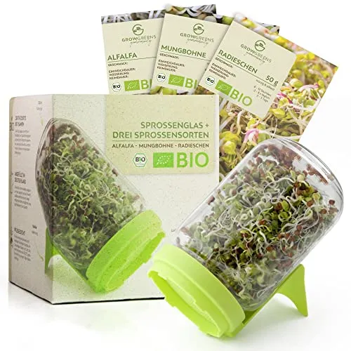 Sprossenglas Keimglas Set mit 3 Bio Sprossen Samen - Microgreens Anzuchtset für knackige Keimsprossen (Alfalfa, Mungbohne, Radieschen)