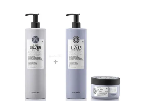 Maria Nila Haarpflege-Set Silver XXL - Shampoo, Conditioner & Colour Refresh - Das Maria Nila Silver XXL Set bietet eine komplette Pflege für blondiertes Haar. Enthält 1000 ml Shampoo, 1000 ml Conditioner und 300 ml Farbauffrischer für strahlendes, kühles Blond. Ideal für die tägliche Anwendung.
