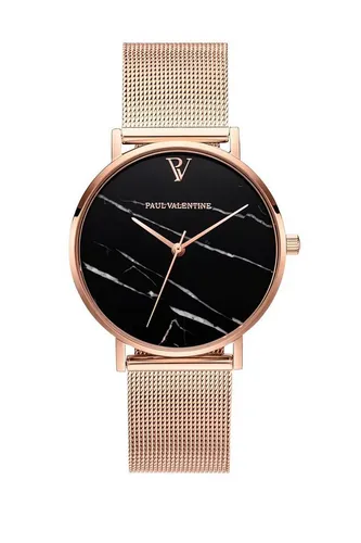 Paul Valentine Quarzuhr BLACK MARBLE ROSE GOLD MESH - Elegante Damen Armbanduhr, 38 mm Gehäuse aus rosegoldenem Edelstahl, kratzfestes Mineralglas und bis 5 Bar wasserdicht - ideal für jeden Anlass.