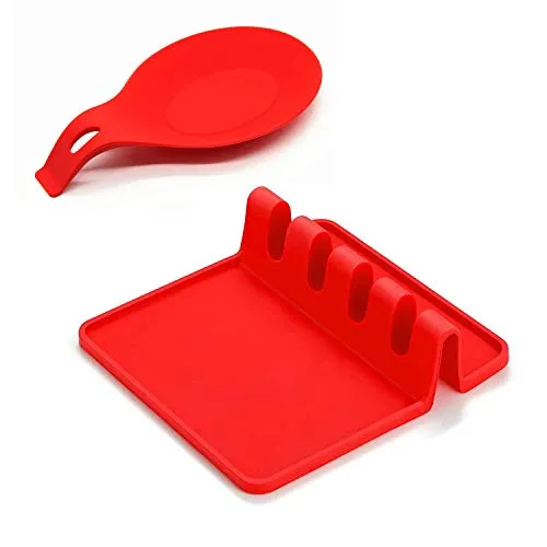 Silikon Utensilienablage mit Abtropfpad für mehrere Utensilien, küche Löffelablage für Schöpflöffel, Pfannenwender, Zange, Gabel – 2er-Set (rot)