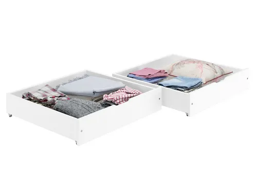 ERST-HOLZ Bettschubkasten Weiß aus Buche - Praktischer Staukasten für Ordnung im Schlafzimmer - Schubkästen aus massivem Buchenholz, zweiteiliges Set mit leichtgängigen Rollen für optimalen Stauraum und elegantes Design.
