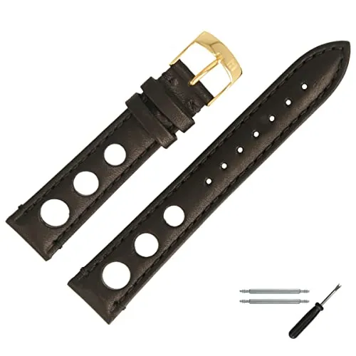 MARBURGER Uhrenarmband 20mm Leder Schwarz Gold Mit Naht - Montage Set 7732010000220