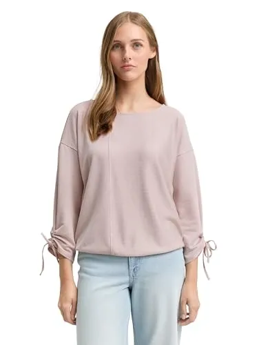 TOM TAILOR Denim 3/4-Arm-Shirt in feiner Rippoptik - Rundhalsshirts mit 3/4-Ärmeln und Bindeband, ideal für vielseitige Outfits und einen bequemen Sitz dank Stretch-Qualität.